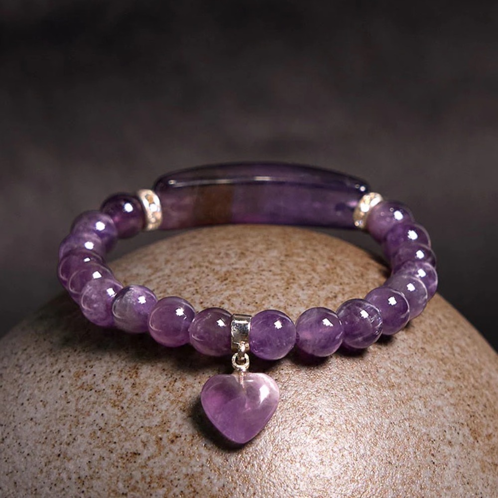 🆕New Intuitive Heart Amethyst Beaded Bracelet with Heart Charm - Picture 3 of 7
